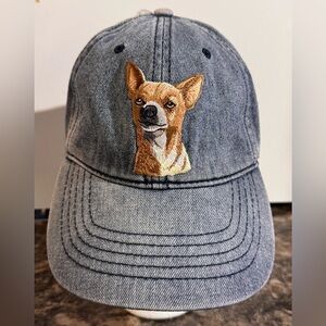 Chihuahua Dog Portrait Embroidered Patch on Light Blue Denim Baseball Hat Cap